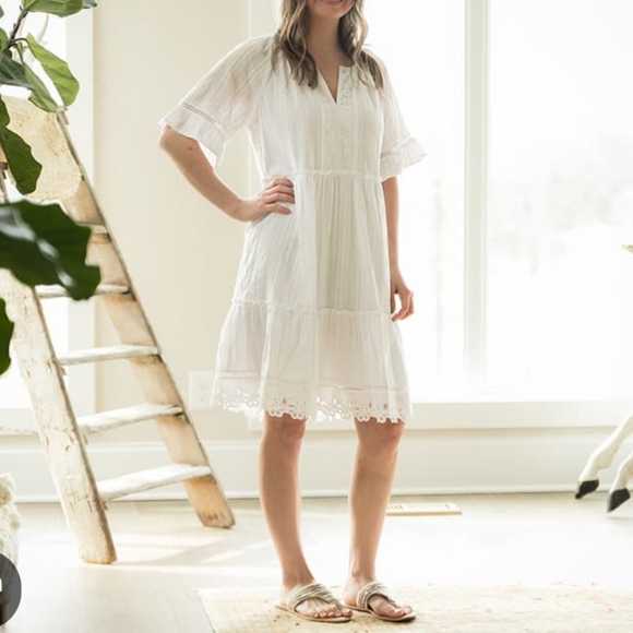 Kate & Sam White Textured Midi Dress Cotton Beach Boho Dainty Cottage Lawn Dress - Picture 1 of 16